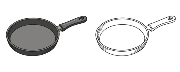 Detailed cartoon drawing of an empty gray frying pan with a black handle for kitchen accessories catalog or children's coloring book isolated white background
