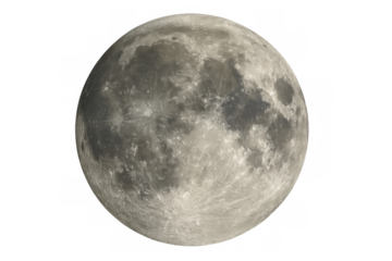 Full moon against a transparent background showing surface craters and lunar maria, space science concept