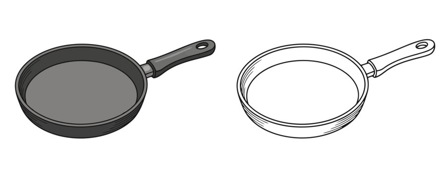 Detailed cartoon drawing of an empty gray frying pan with a black handle for kitchen accessories catalog or children's coloring book isolated white background