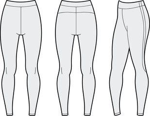 Cad drawing flat vector, leggings technical sketch, fashion apparel design, garment template, front back side view, clothing outline, black white illustration
