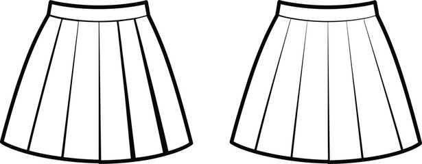 Cad drawing flat vector, pleated skirt illustration, fashion technical sketch, garment template, clothing design outline, apparel silhouette, black white fashion drawing