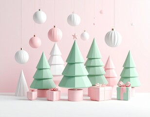 Pastel Christmas scene with trees, ornaments, and gifts against a pink background.