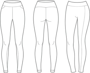Cad drawing flat vector of women leggings design, front and back view fashion template for activewear, apparel technical sketch