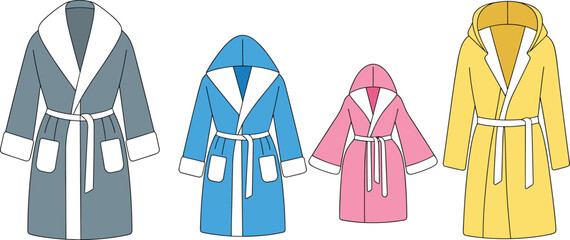 Cad drawing flat vector of bathrobe collection with hood and belt, front view robe design, cozy homewear illustration