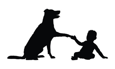 A toddler little boy handshake with dog isolated black silhouette on white background.