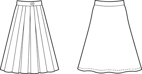 Women skirt technical flat sketch, pleated and flared skirt CAD vector drawing, apparel fashion design template, clothing outline illustration