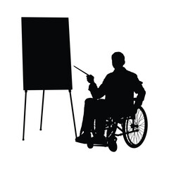 Businessman sitting in wheelchair giving presentation on whiteboard black silhouette vector illustration.