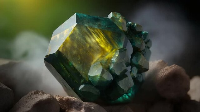 Natural green yellow crystal mineral close-up