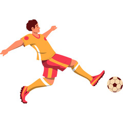 Male Athlete Kicking Soccer Ball Yellow Red Uniform Action Shot Transparent Background Professional Sport Game Male Dominant Pose Dynamic Movement Athleticism