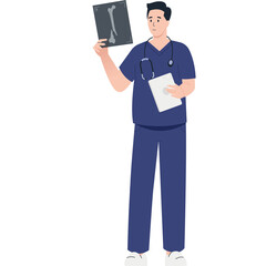 Male Doctor In Blue Scrubs Holding X-Ray Image And Document With Stethoscope Around Neck In A Studio Shot On White Background