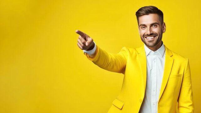 Confident businessman pointing forward with smile