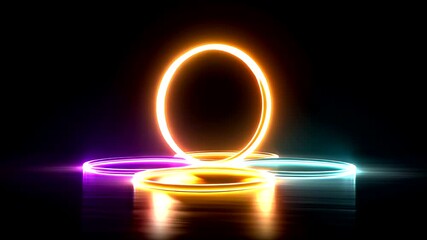 Dynamic glowing neon circles create a futuristic portal effect with vibrant orange, purple, and cyan lights reflecting on a glossy surface, perfect for sci-fi intros or technological announcements. - Powered by Adobe