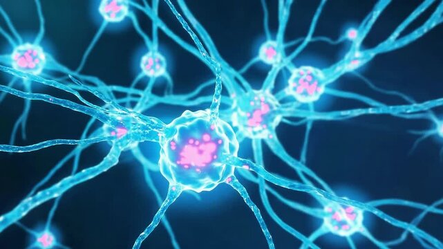 Microscopic view of neurons transmitting signals in neural network of brain. Neurons electrical impulses. Nerve cell, neurogenesis and nervous System.