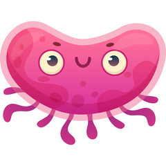 Cute Pink Jellybean Shaped Cartoon Microbe with Tentacles and Big Eyes Smiling in Studio Lighting on Transparent Background