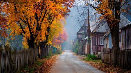 Fototapeta premium Fall in the park, Autumn Street and Foggy Alley — Beautiful Fall Landscape with Vibrant Foliage, Misty Air, and Warm City Glow