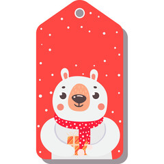 Cute Polar Bear Holding Gift Box Wearing Red Scarf With Snowflakes Falling On A Red Background And White Outlines