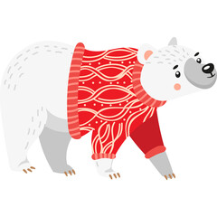 Cute Polar Bear Wearing A Festive Red Christmas Sweater With White Swirl Pattern For Winter Holidays And New Year Celebrations