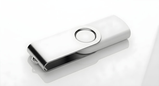 Silver USB Flash Drive on White Background
