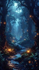 Fototapeta premium Enchanted Forest Path - A Mystical Nighttime Journey Through the Woods.