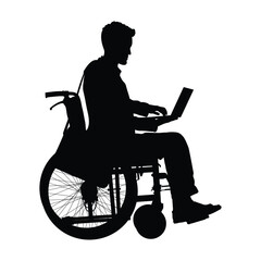 Disabled businessman sitting in wheelchair working with laptop black silhouette vector illustration.
