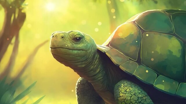 Peaceful turtle in glowing forest background