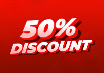 50% Discount. Bold 3D text design with strong gradient background and dynamic modern style