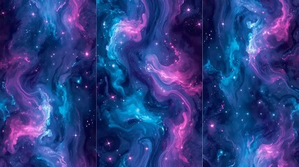 Abstract cosmic fluid, seamless vertical tile. A vibrant blend of cyan, magenta, and deep blue, with glowing star particles and ethereal energy waves.