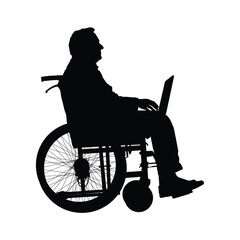Disabled elderly man sitting in wheelchair using laptop side view black silhouette vector illustration.