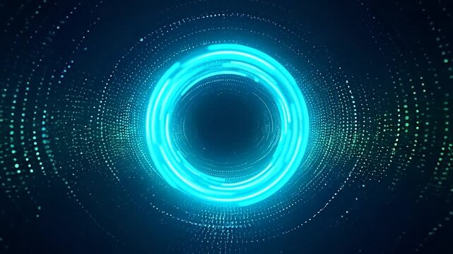 A glowing turquoise circle at the center is surrounded by concentric dot patterns in shades of blue and green