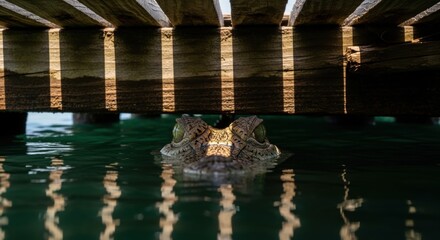 crocodile eye - A crocodile partially submerged in calm water, its eyes peering out from the shadows beneath a wooden dock, reflecting patterns of light on the surface