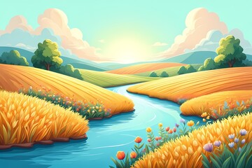 Scenic landscape with river, field, and sunset illustration in cartoon style