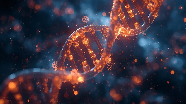 macro shot showing strands of human DNA glowing softly under a microscope, numbers and probability equations appearing in the air around it - Powered by Adobe