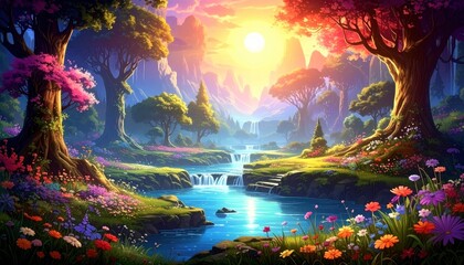 Obraz premium Enchanted Forest Stream - A Vibrant Landscape of Fantasy and Light.