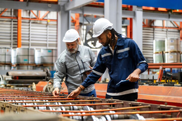 Two Men Working Together Checking Industrial Conveyor System. Senior Engineer or Industrial Technician Supervisor Guiding Junior Worker, Transferring Knowledge with Technology Tablet.