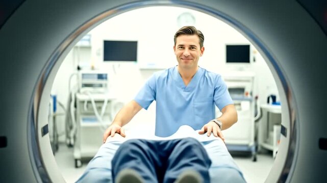 Smiling healthcare professional assisting patient in medical imaging room - Powered by Adobe