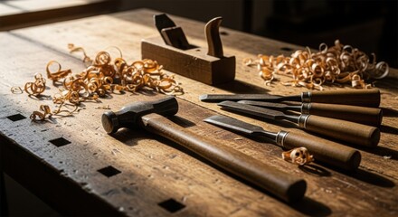 Traditional woodworking tools and wood shavings in warm workshop light.
