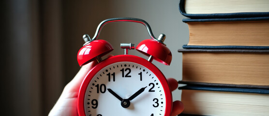 Naklejka premium alarm clock scene, clock and textbooks for class schedule, red alarm clock with textbooks for classroom routine setup, hand holding red alarm clock beside textbooks for lesson planning and scheduling