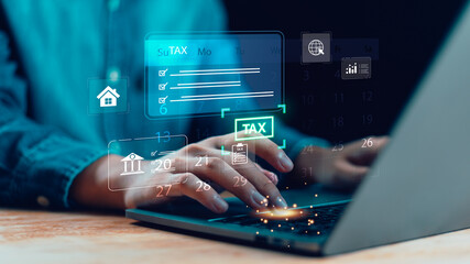Person typing on laptop with digital tax icons and calendar interface. Concept of online tax filing, financial planning, accounting software, and smart technology for business management.