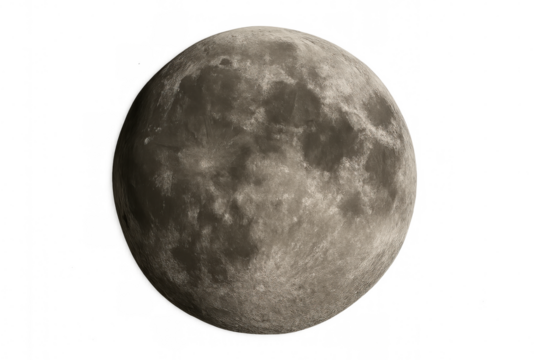 Full moon showing visible craters and surface details, natural satellite orbiting earth, transparent background