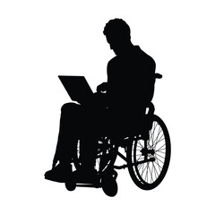 Disabled handicapped man in wheelchair working on laptop side black silhouette vector illustration.