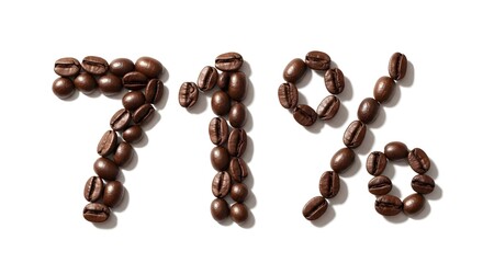 Coffee beans arranged to form the number 71 percent on white background