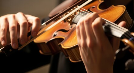 Fototapeta premium Close-up of musician playing violin with warm studio lighting