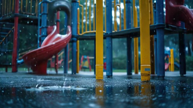 Rain falling on colorful children's playground