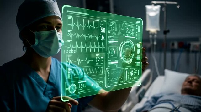 Surgeon using advanced holographic technology to monitor patient vitals in hospital - Powered by Adobe
