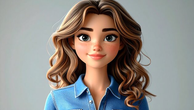 Smiling cartoon woman with long wavy hair, blue shirt, and rosy cheeks - Powered by Adobe