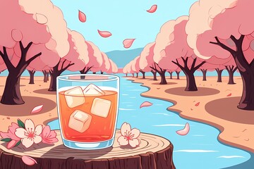 Refreshing drink with ice cubes on a tree trunk in a cherry blossom park