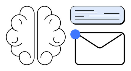Brain outline, envelope with notification dot, and text box highlighting communication, creativity, organization, and information sharing. Ideal for education, innovation, messaging strategy