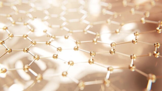 Golden molecular network in soft motion. Perfect for luxury skincare visuals, peptide science, and premium cosmetic ingredients.
