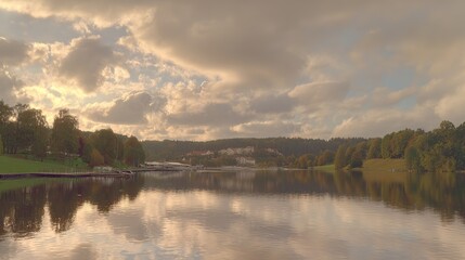 shore. Tranquil lakeside view at sunset with calm water reflecting golden hues. inspiring travel planning, travel magazines, designed for outdoor magazines and nature guides.