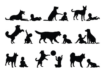 Group of babies and toddlers playing with dogs different positions black silhouette set collection. Babies boy and girl sitting and crawling on the floor with dog vector silhouettes graphic set.